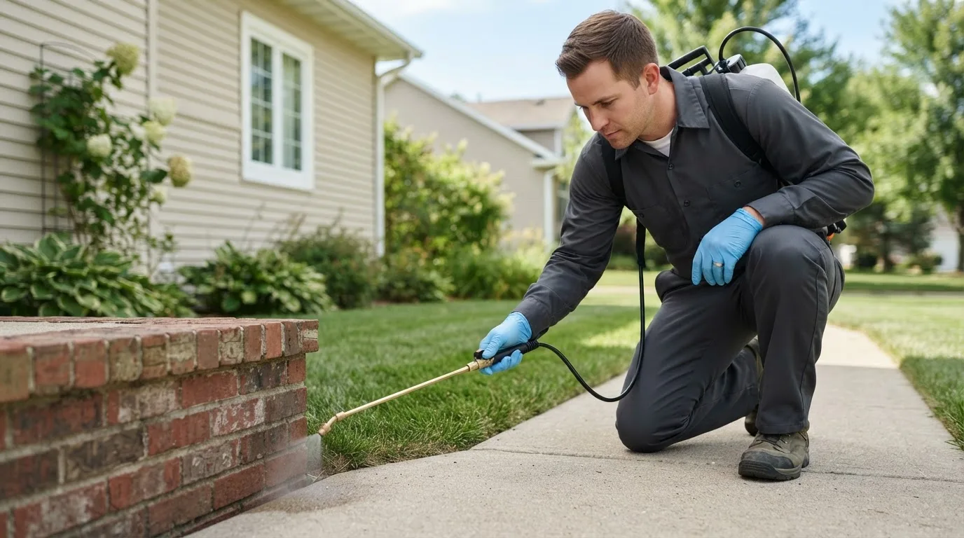 Pest control technician treating a home near Remsenburg, NY