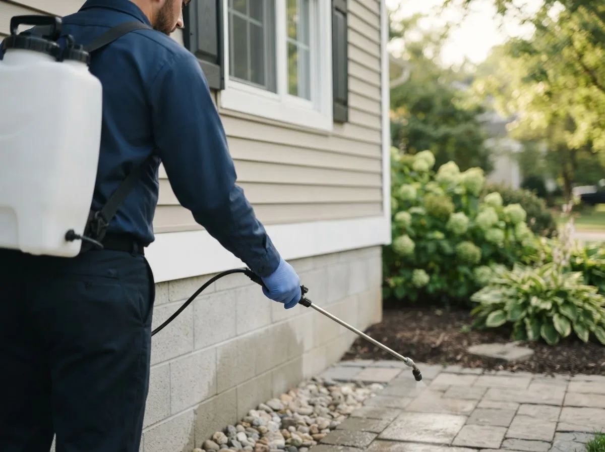 Pest control technician inspecting a home in Remsenburg, NY